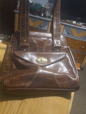 Apostrophe Brown Croc-Embossed Shoulder Bag with Turn-Lock